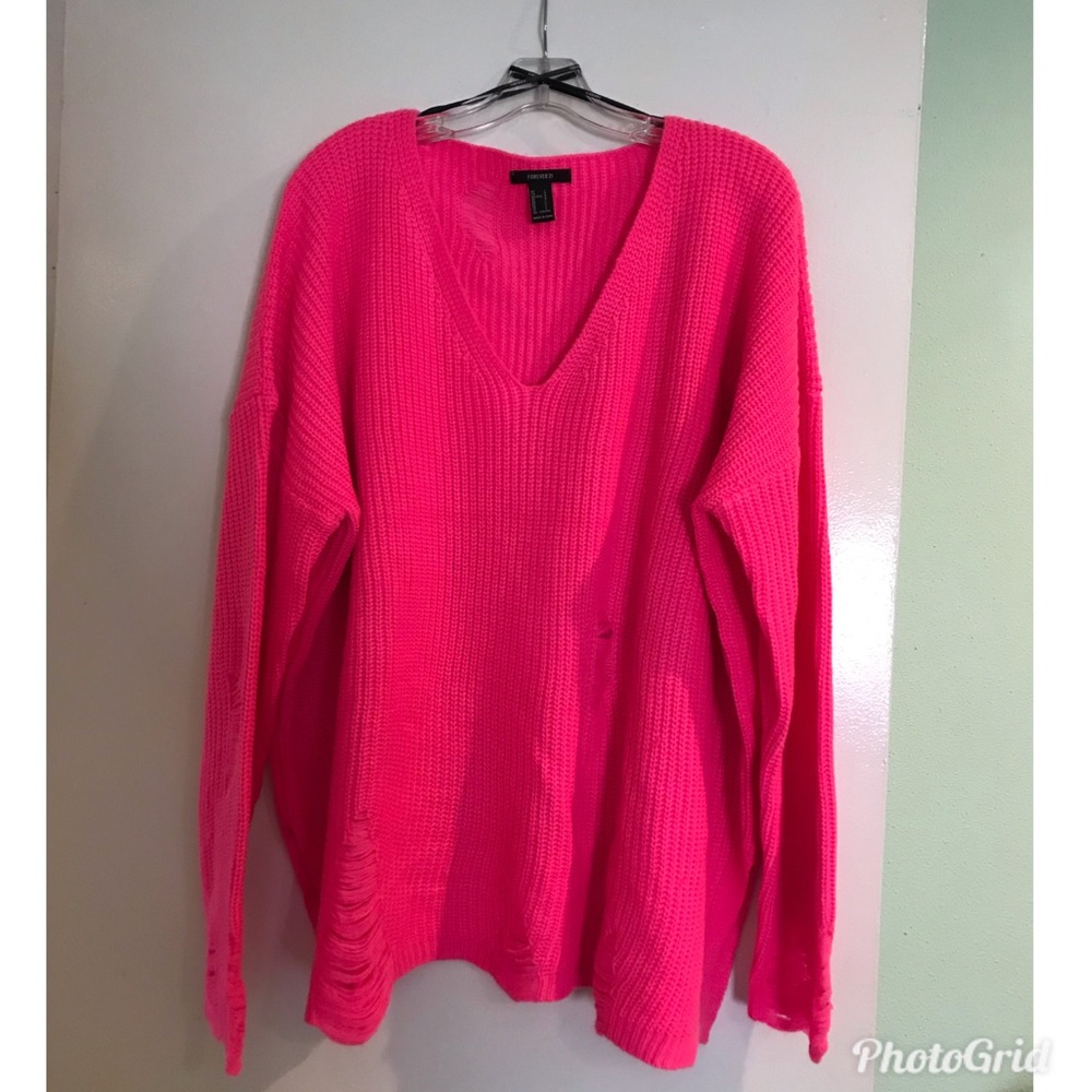 Forever21 HOT Pink Oversized Distressed Sweater